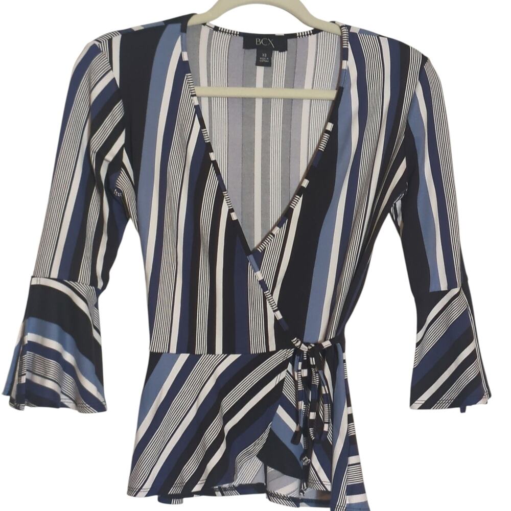 BCX XS Navy and White Striped Wrap Style Blouse With Tie Closure 3/4 Bell Sleeve